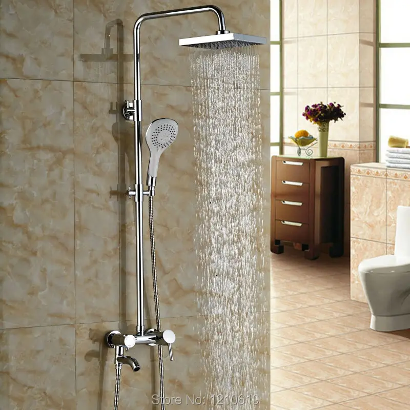 Newly Wall Mount Shower Faucet Set Single Handle Chrome Finished Rainfall Shower Mixer Tap w/ Handheld Shower