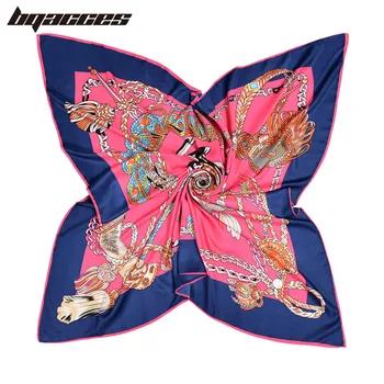 

[BQACCES] 130*130 cm Knight Print Twill Silk Square Scarves New Women Luxury Brand Bandana Hijab Headband Shawl Super Large