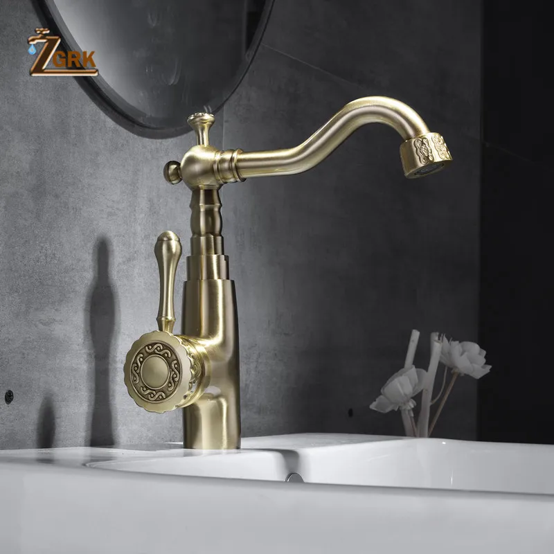 

ZGRK Antique Brass Bathroom Basin Carved Faucet Long Nose Spout Wash Sink Tap 360 Rotation Single Handle Mixer Tap SLT113LSG