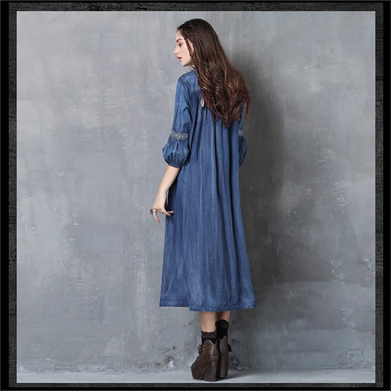 Women Tassel Dress Vestido 2019 Spring New Denim Vestidos V-Neck Three Quarter Lantern Sleeve Flower Embroidery Vintage Dresses (14)