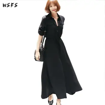 

Summer Black Dresses Turndown Shirt Full Sleeve Bodycon Women Dress Office Lady Vintage Sexy Party Pencil Midi Sundress Vestidos