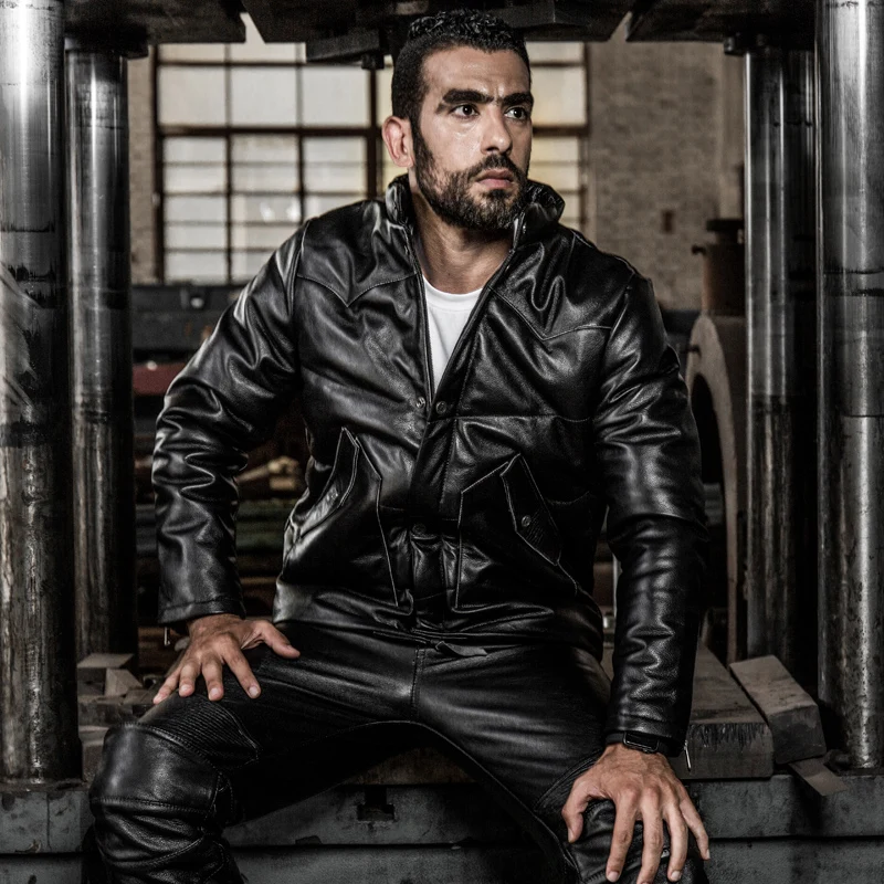 

HARLEY ANGEL 2018 stand collar genuine leather jacket men winter down jacket black cowskin men's leather coat motorcycle jacket