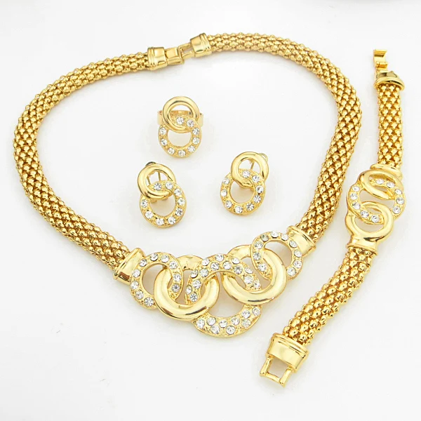 yellow Real Gold Plated African Costume Jewelry Set Rhinestone Crystal Necklace Gorgeous Jewelry Gift For Women