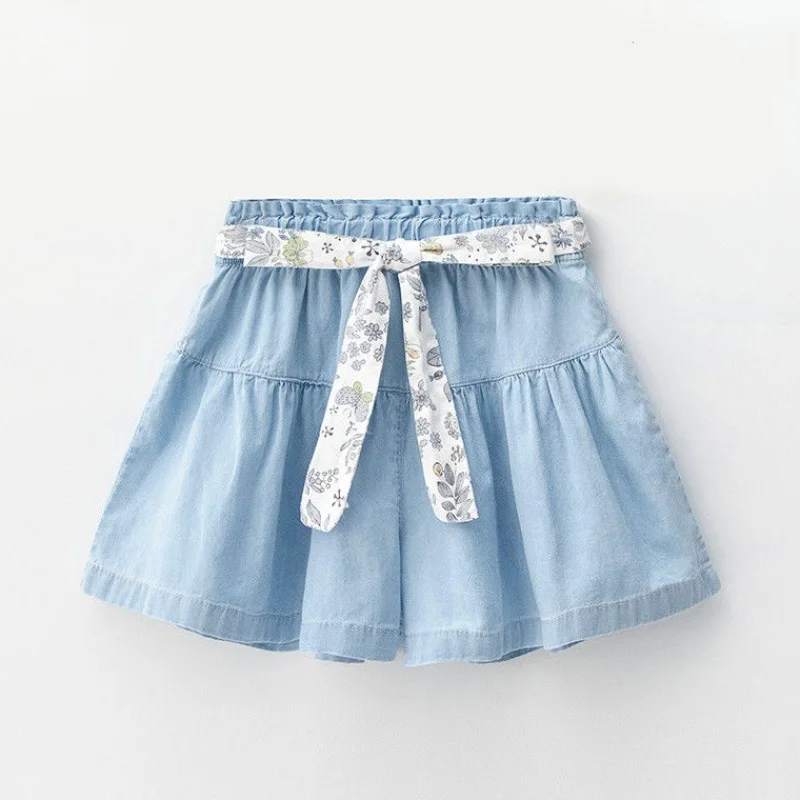 

2019 summer baby girls shorts Pants kids Solid color Loose sashes cute belt Bow soft Denim shorts Princess blue for party