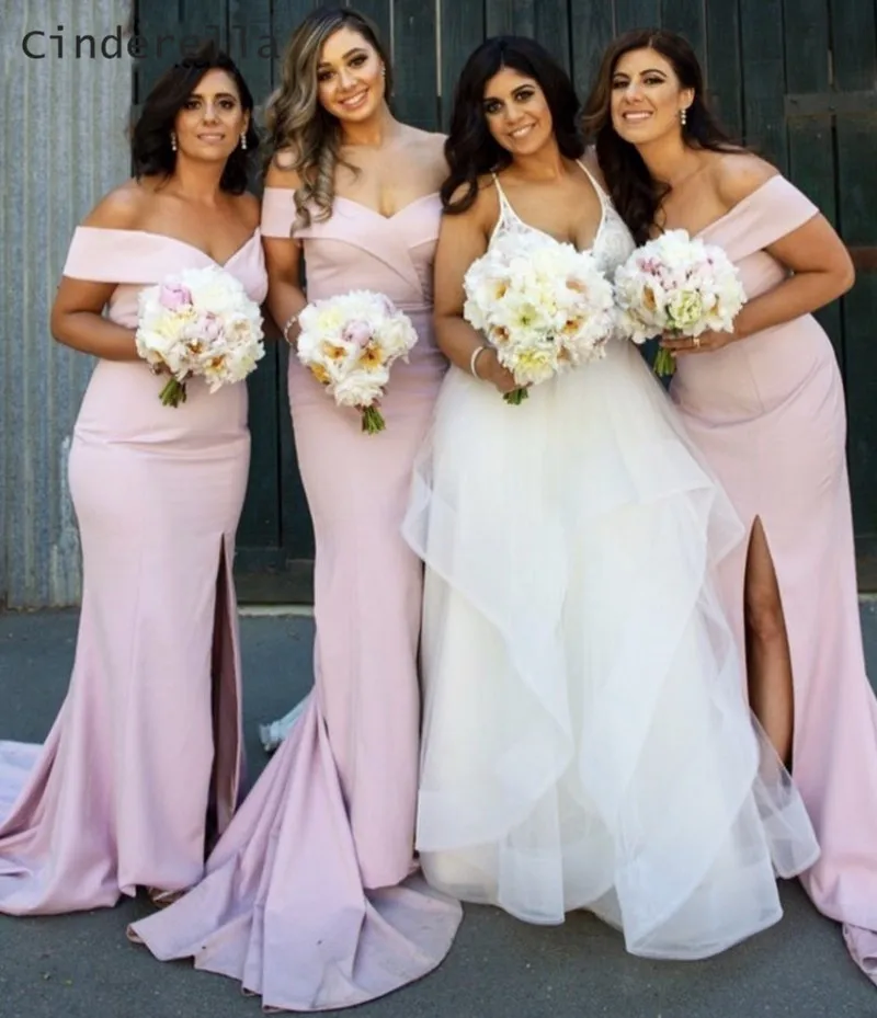 

Cinderella V-Neck Off The Shoulder Mermaid Sweep Train Satin Pink/Red/Gray Bridesmaid Dresses Side Slit Wedding Party Gowns
