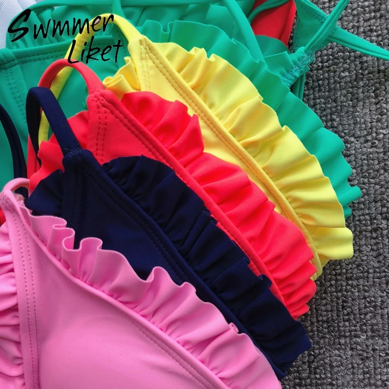 Тонкие бикини с оборками 2018 mujer Прекрасный обувь для девочек Купальник push up