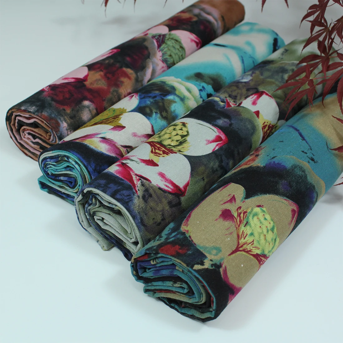 

cotton and linen ethenic style blue green brown Lotus flowers for DIY handwork tablecloth curtain apprarel dress fabrics textile