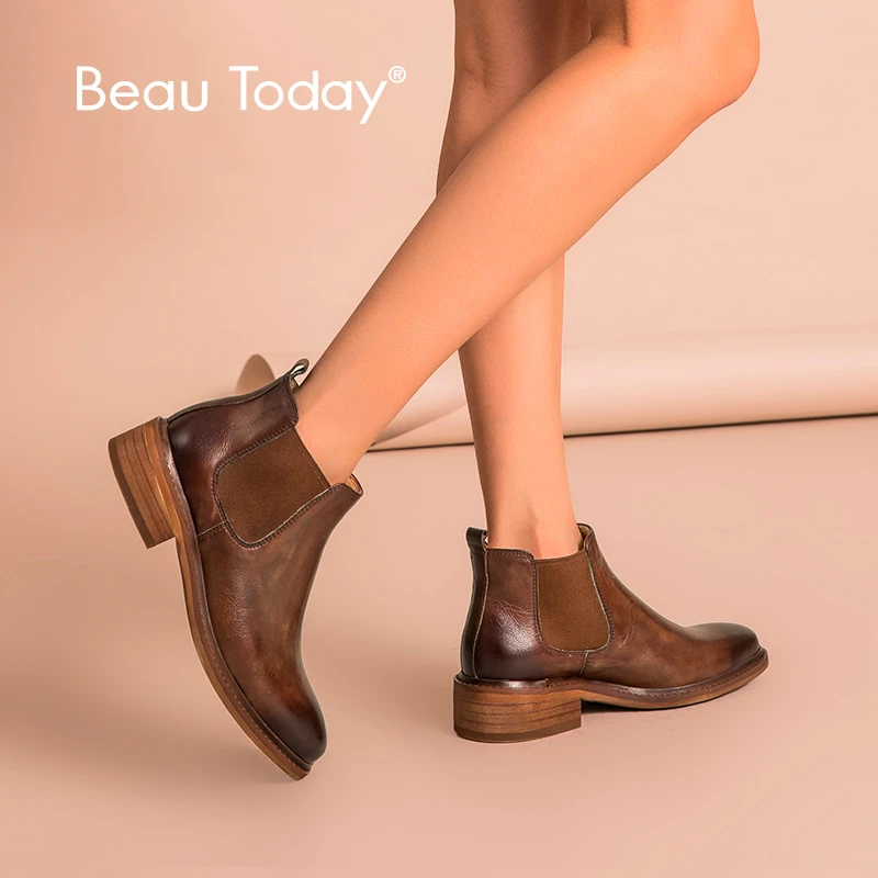 Beautoday チェルシーブーツ女性ポリッシュ牛革ラウンドトウ本革弾性バンド足首の靴手作り アンクルブーツ Aliexpress
