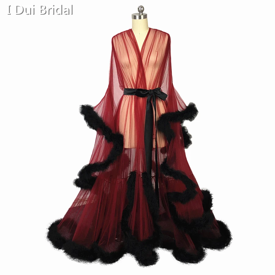 Black Feather Burgundy Bridal Sheer Robe Tulle Illusion Long Wedding Birthday Feather Robe