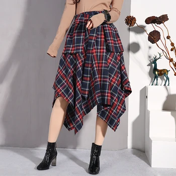 

LANMREM Spring And autumn New Irregular Skirts 2020 Korean Women's Fashion Plaid High Waist Fashion Skirt With Belt JD402