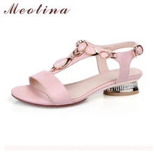 Meotina Chaussures Femmes Sandales À Bout Ouvert T-Bracelet Bohème Plage Bas talons Femme Chaussures D’été Cristal Sandales Rose Grande Taille 9 10