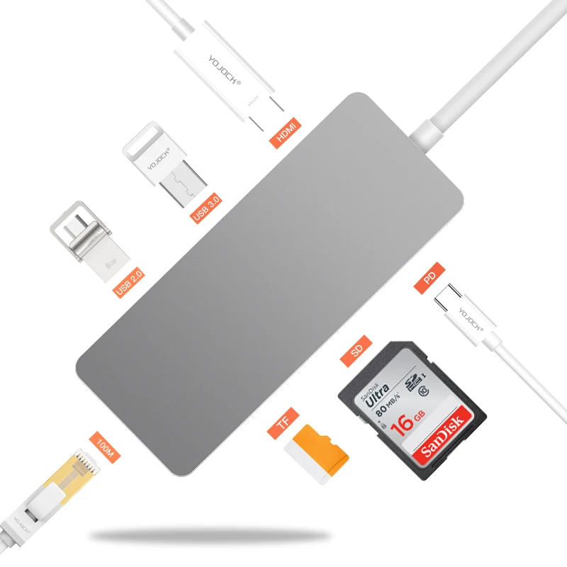 Yojock 7 в 1 USB-C USB адаптер с доставкой питания HDMI SD TF кард-ридер Ethernet для ноутбука MacBook USB 3,0 type C адаптер