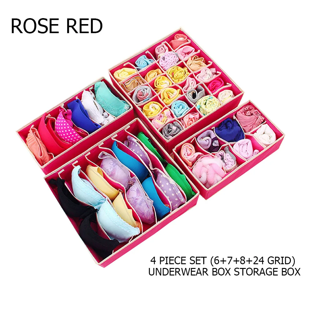 4Pcs Foldable Storage Boxes Underwear Divider Drawer Lidded Closet Organizer Interior Organizador For Ties Socks Shorts Bra J16 - Цвет: Rose red