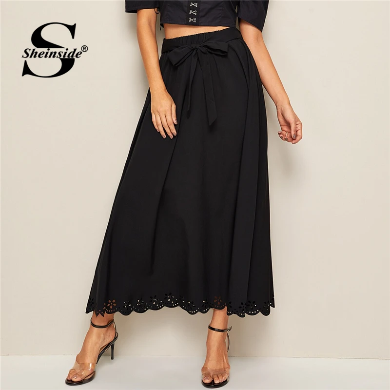 

Sheinside Casual Elastic Waist Maxi Skirt Women 2019 Summer High Waist Belted Skirts Ladies Black Hollowed Out Hem Skirt