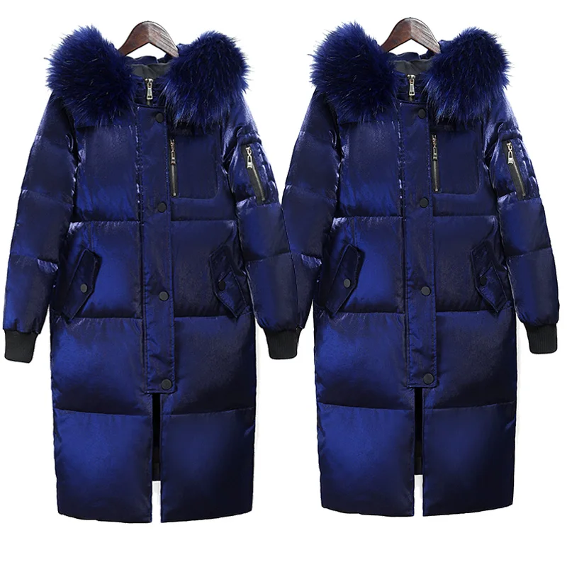 

2019 Winter Big Fur Collar Down Jacket Women Hooded White Duck Down Long Parkas Coats Female Slim Snow Parkers Outerwear
