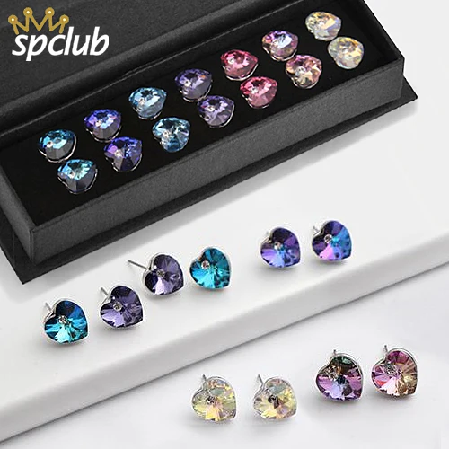 

SPCLUB Crystal From Swarovski Romantic Heart Stud Earrings For Women Wedding Party Silver Color Earring Set Weekly Jewelry