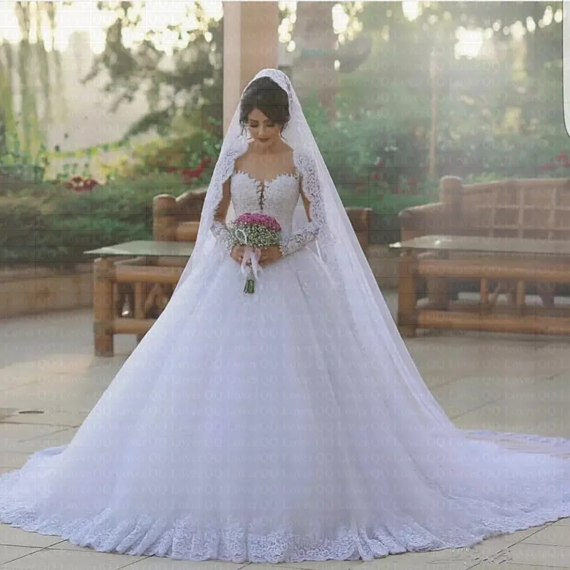

2019 New Arabic Amazing Neckline Wedding Dress Sexy Illusion Neck Long Sleeves Bridal Gown Wedding Gowns