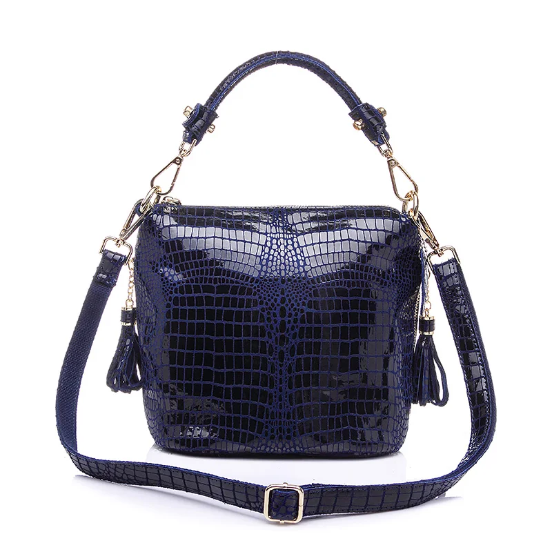 REALER сумка женская натуральная кожа, сумка с короткими ручками для женщин, женские сумки ведро через плечо на плечо с кисточкой - Цвет: Dark blue