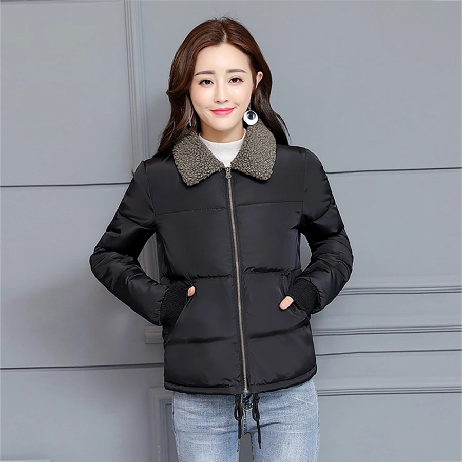 

Black Lace Up Coat Winter Jacket Women Outerwear Short Wadded Jacket Turn Down Collar Female Padded Parka Stitch Thick 20Y0001F