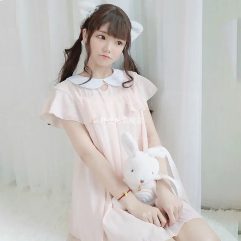 

Women Japanese Doll Collar Dresses Lolita Kawaii Ruffle Soft Sister Chiffon Dress Japan Lolita Sweet Girl Cute Pink Dress