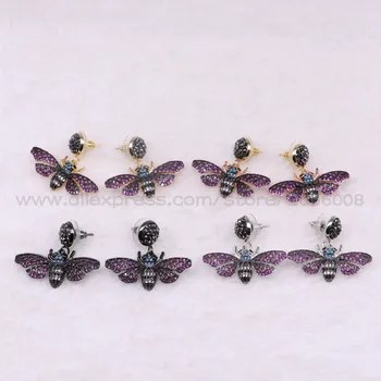 

New!Fashion Micro pave CZ Tiny Bugs insect drop earrings fly insect jewelry Blue wing Bugs drop earrings gift for women 3078
