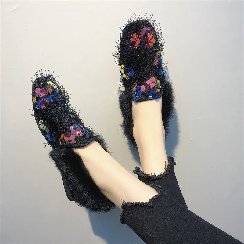 

Fur Loafers Women Flat Shoes Women Winter Plush Slip On 2019 Sequined Ballet Flats Women Fur Moccasins Cozy Warm Ladies Sho