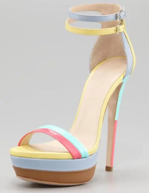 

Woman mixed colors platform high heel open toe ankle strap sandals Open toe super high thin heel high heels Party shoes
