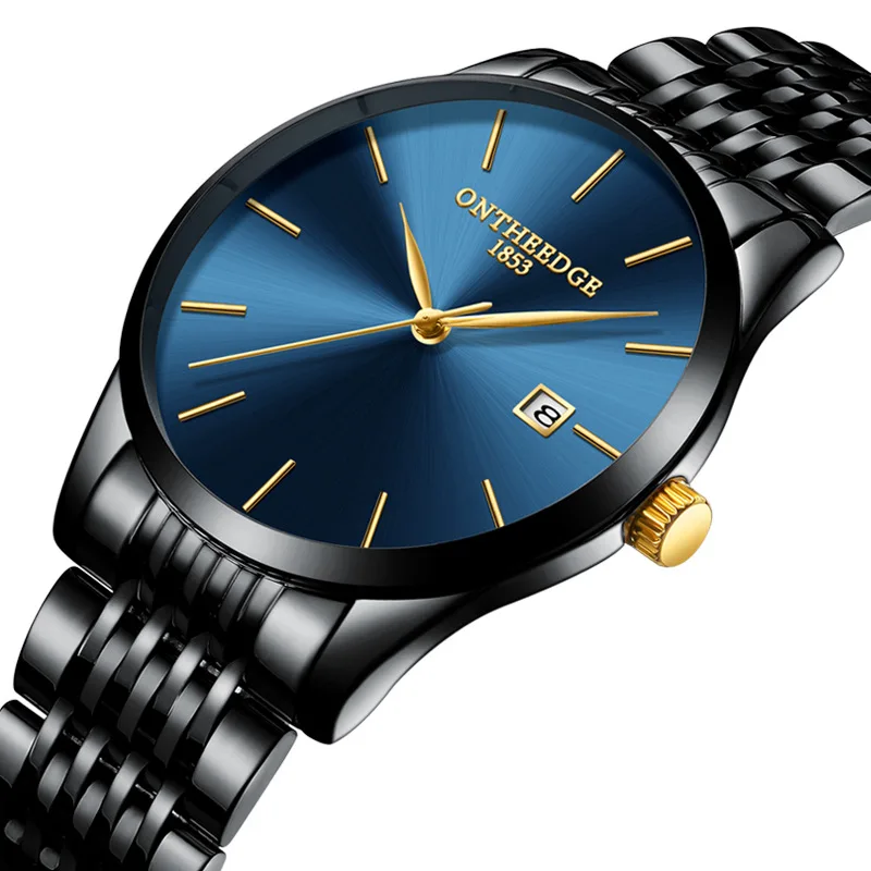 ONTHEEDGE, мужские наручные часы, Роскошные, черные, синие, золотые, нержавеющая сталь, мужские часы, 30 м, водонепроницаемые, с календарем, оригинальные мужские часы