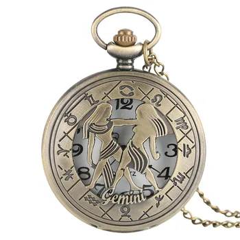 

Hot Sale Fashion Gemini Twelve Constellations Theme Pocket Watch Quartz Number Dial Hollow Design With Necklace Gift Men Women