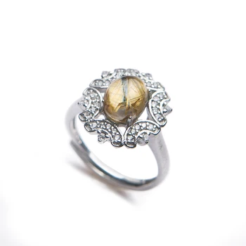 

Genuine Natural Gold Rutilated Quartz 8x6mm Bead Round Ring Adjustable Size Silver Fine Jewelry Man Rings AAAAAA