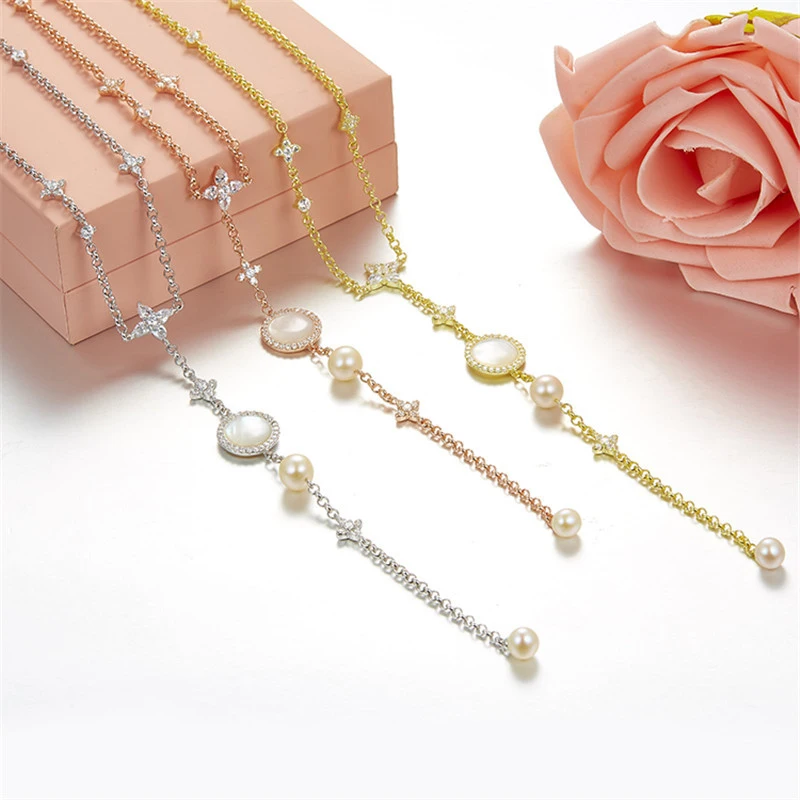 

S925 Sterling Silver Micro-inlaid Star-shaped Pearl Necklace Fashion Jewelry Fits Monaco Jewelry with Female Gifts