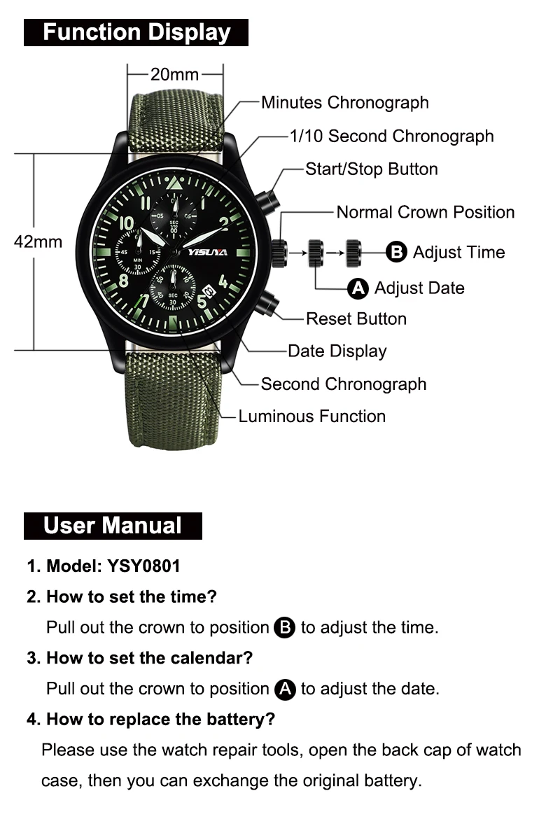 Yisuya Для мужчин ХРОНОГРАФА ДАТА световой Кварцевые Армейский Зеленый Нейлоновый ремешок Спортивные Военная Униформа наручные часы День