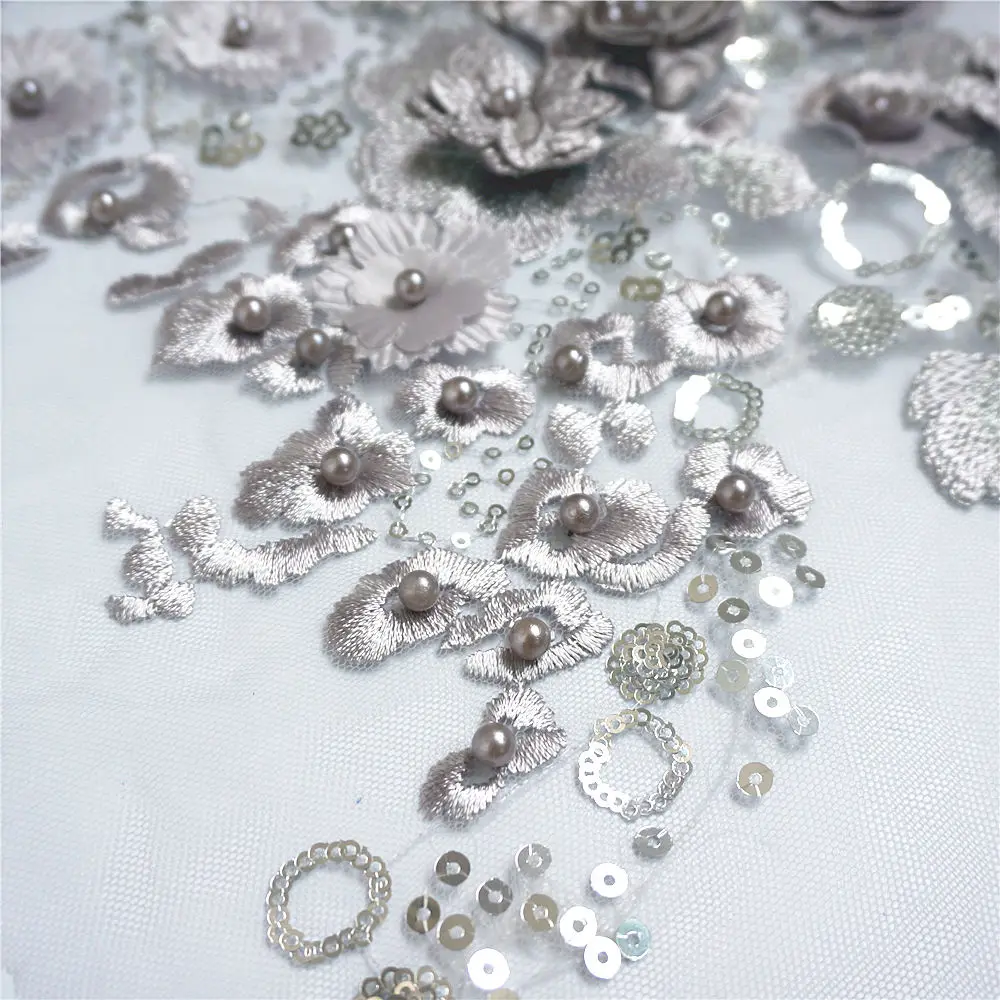 Серая ткань 3D цветы бусины Блестки аппликации вышивка кружева отделка сетка пришить патч для свадьбы украшение для вечернего платья DIY
