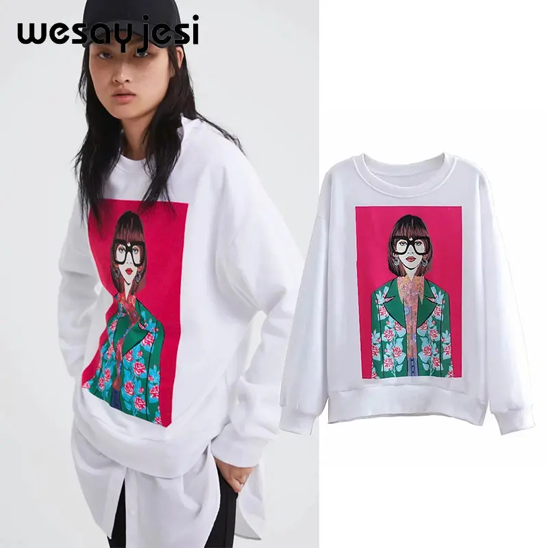 

2019 spring fashion Hoodies women harajuku cotton cartoon girl print regular pullovers oversize sweatshirt plus size tops