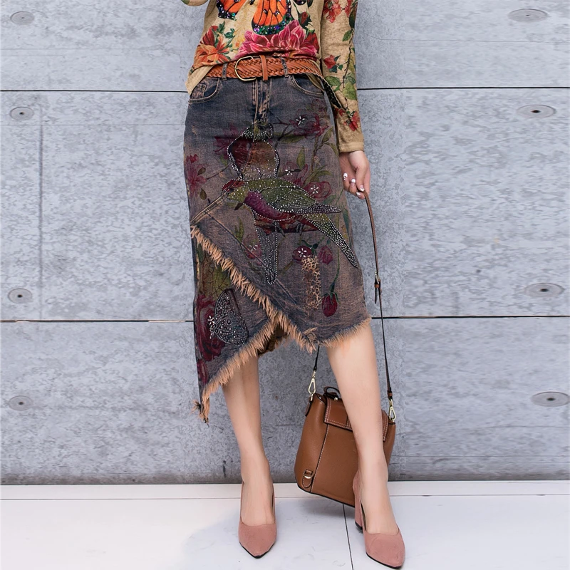 

European American Casual Vintage bird diamonds Skirt Cotton Elastic Waist Hot stamping Denim Jeans Women Asymmetric Long Skirts