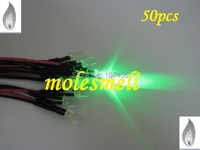 

Free shipping 50pcs 5mm green Flicker 12V Pre-Wired Water Clear LED Leds Candle green Light 20CM