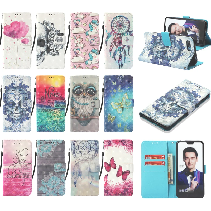

3D Painting Leather Case Magnetic Flip Wallet Soft TPU Phone Silicone Cases Cover Shell Stands Coque Fundas for Huawei Honor 10