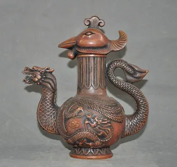

christmas 8"Old Chinese bronze Loong Dragon phoenix bird statue Tea Pot Flagon Tanks Crock New Year