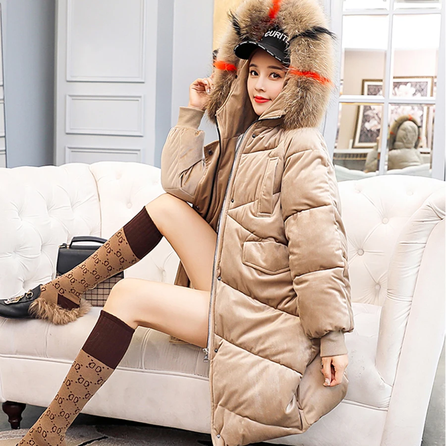 With fur trim hood Cotton Liner long down coats women plus size warm straight long Windbreaker female pockets zipper winter