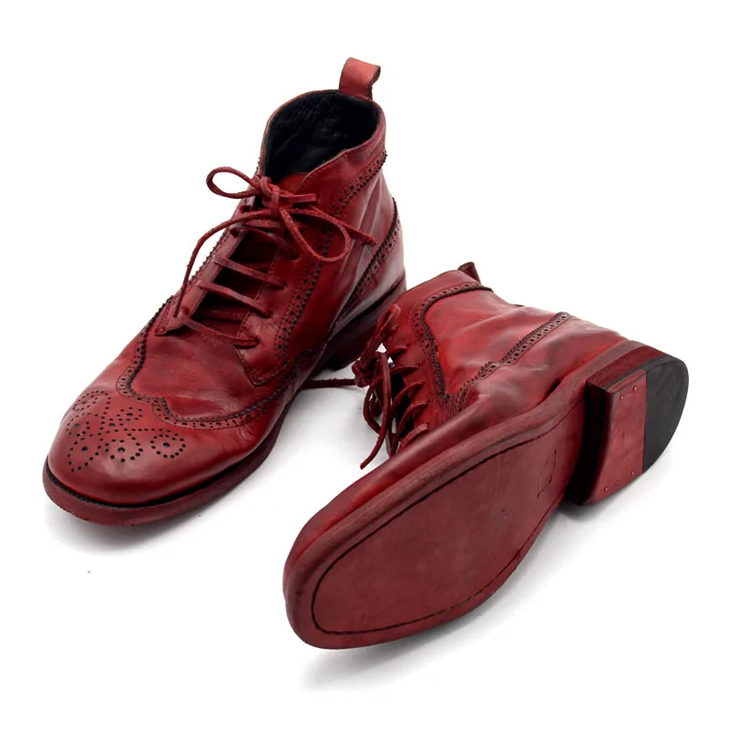 Мужские ботильоны из натуральной коровьей кожи ручной работы в итальянском стиле; ботинки с перфорацией типа «броги» на шнуровке и каблуке; обувь для работы; Мужская обувь в байкерском стиле; обувь в стиле панк; Цвет Красный