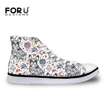 

FORUDESIGNS French Bulldog Cute Women Shoes Brand Designer Female High Top Canvas Vulcanize Shoes Woman Lace-up Leisure Zapatos