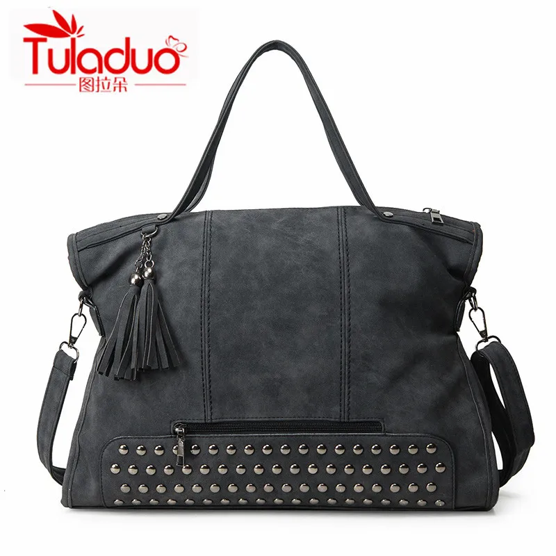 Rivet Scrub PU Leather women bag Fashion Tassel Messenger Bag Vintage Shoulder Bag Larger Crossbody Bags