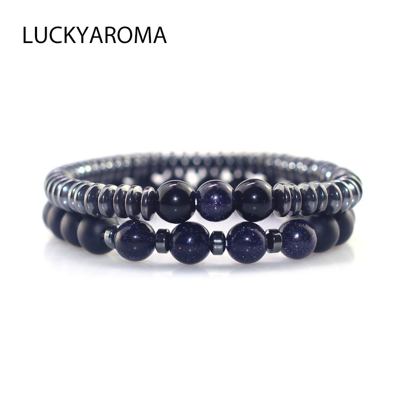 

LUCKYAROMA 2pc/sets Natural Stone Bracelet Men Micro Pave Tiger Eye 8mm Blue Beads Charms Bracelet For Men Jewelry Viking Bijoux