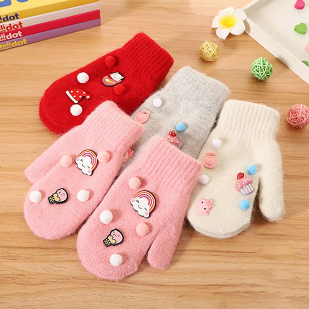 Winter Children Thicken Warm Gloves DIY Venonat New Style Rabbit Hair Gloves Full Fingers Wool Mittens Girls Baby