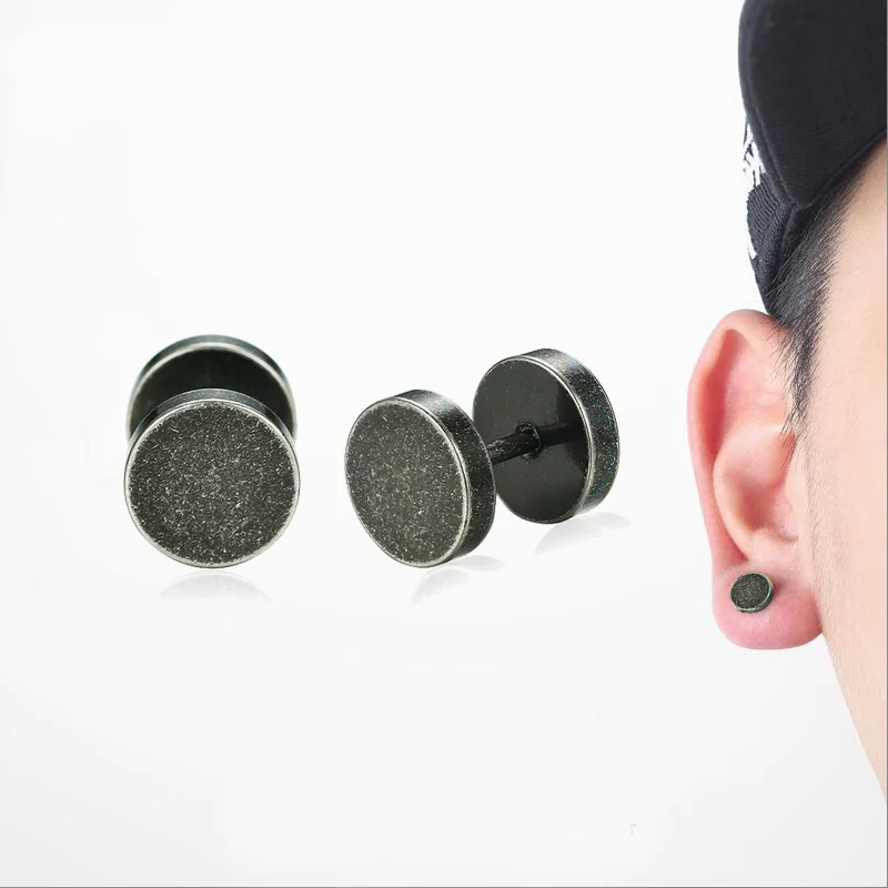 Industrial Age Style Vintage Gray Dumbbell Screw Stud Earrings Men