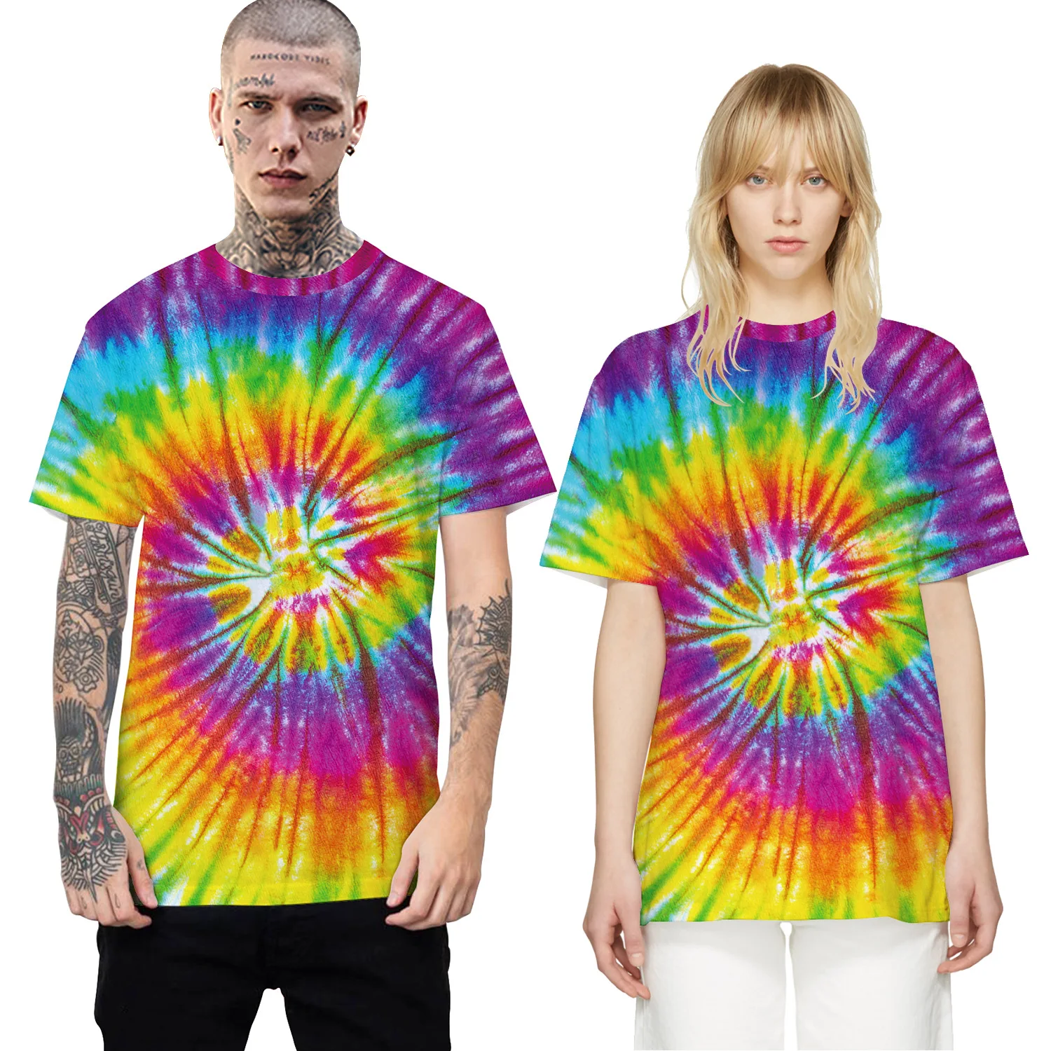 

2019 Hot art colorful spiral tie-dye lovers short-sleeve T-shirt summer models loose large size Tee tops