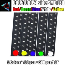 500 шт.(5 цветов х 100 шт.) боковой SMD 0805(0802) светодиодный белый красный зеленый желтый синий светильник светодиод SMT лампа Ассорти
