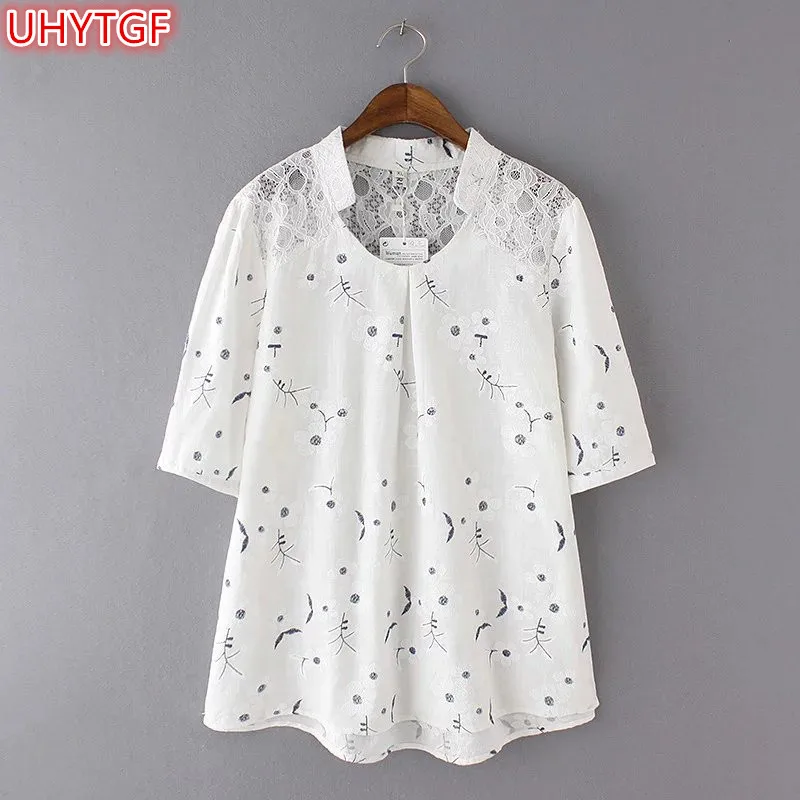 

UHYTGF 2018 Summer Lace Shirts Women clothing Plus size Shirts Cotton And linen printi V-neck fashion clothing Female Shirts 140