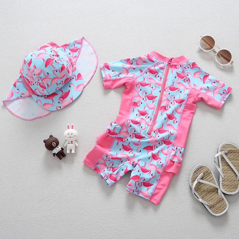 UPF50+ Baby Girl Swimwear One Pieces with Sunscreen Cap Flamingo Print Bathing Suit Swimsuits for girls Infant Babies Beach Wear UPF50+ Baby Girl Swimwear One Pieces with Sunscreen Cap Flamingo Print Bathing Suit Swimsuits for girls Infant Babies Beach Wear
