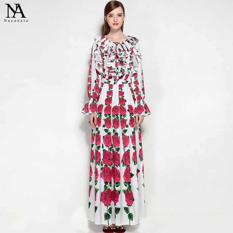 New Arrival 2017 Women's O Neck Ruffles Floral Printed Long Sleeves Elegant Prom Maxi Runway Dresses long-floral-maxi : image New Arrival 2017 Women's O Neck Ruffles Floral Printed Long Sleeves Elegant Prom Maxi Runway Dresses long-floral-maxi
